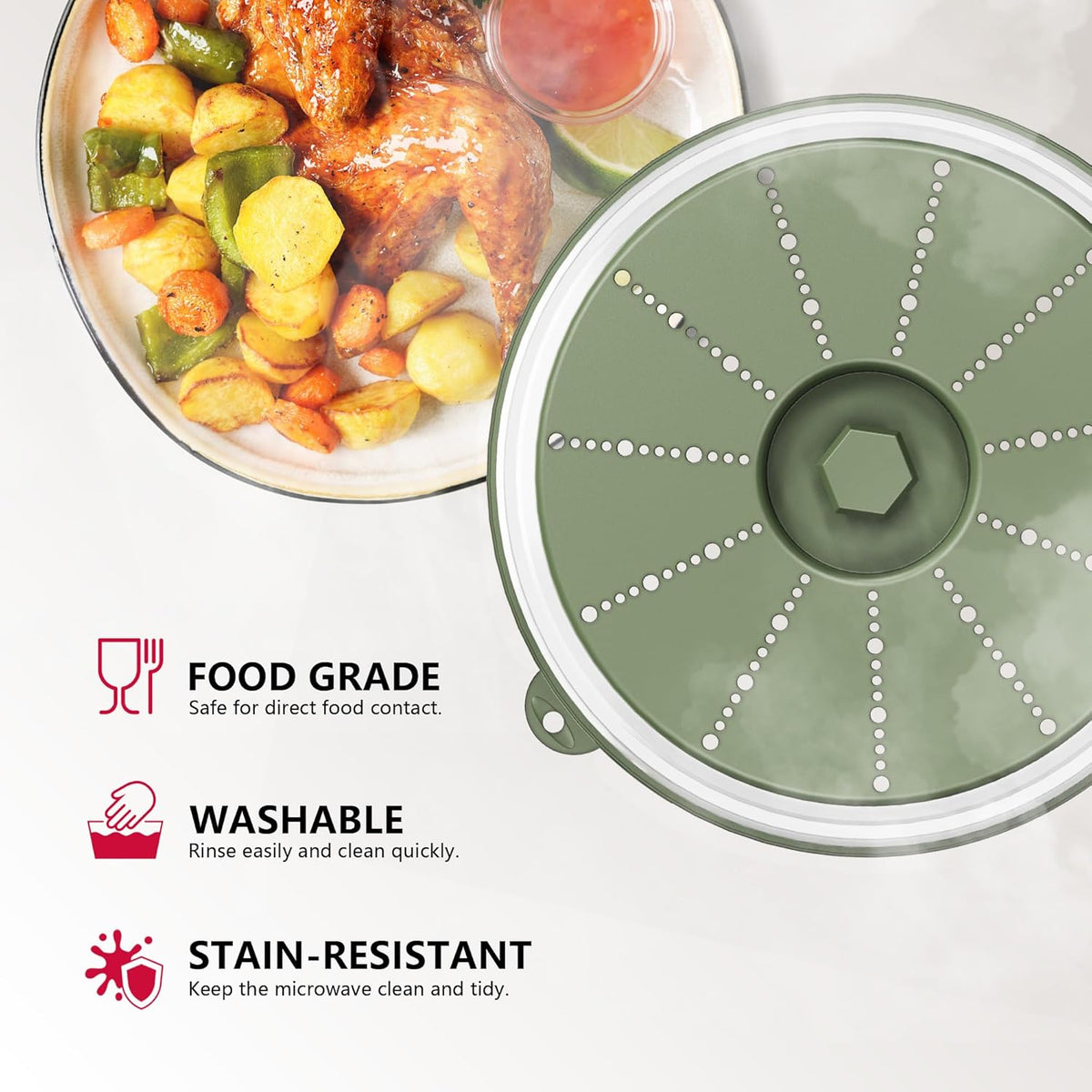 WVM Microwave Splatter Cover Vented for Food with Hook Hole, Splatter Guard & Colander Kitchen Gadget for Food, Meal Prep, Green
