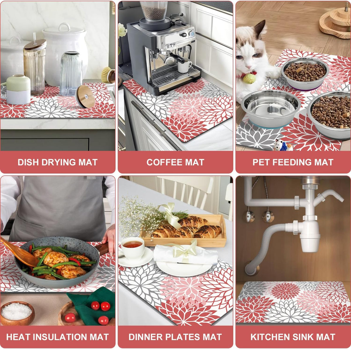 Findosom 2PCS 16" x 24" Dish Drying Mat & 24" x 5.5" Sink Splash Guard, Super Absorbent & Cuttable Dish Mat Drying Kitchen Mat with Red Floral, Hide Stain Drying Mat for Kitchen Counter