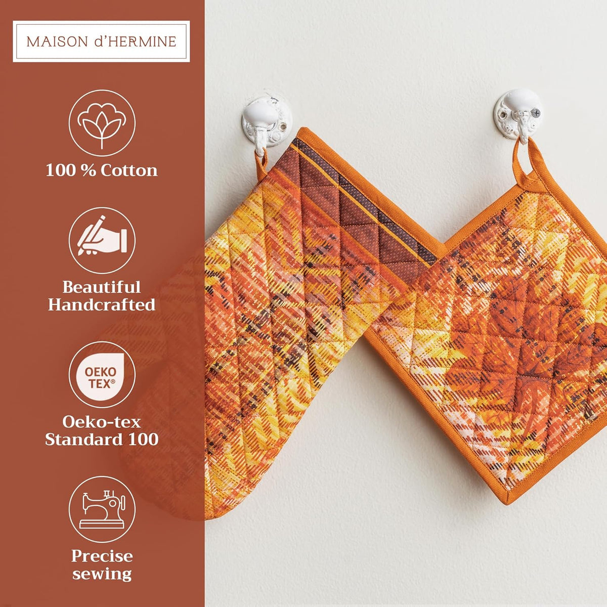 Maison d' Hermine 100% Cotton Oven Mitt & Pot Holder Set (7.5"x13" & 8"x8") Heat Resistant BBQ Cooking Gloves with Loop, Baking, Grilling, Kitchen, Handling Hot Pans (Thanksgiving Tartan)