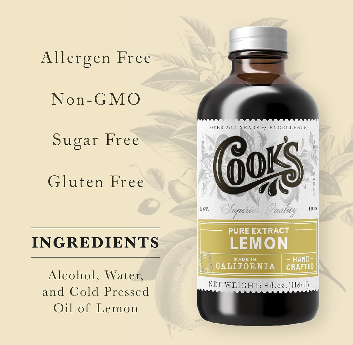 Cook's Pure Lemon Extract, Premium Quality, Cold Pressed Lemon, Sugar Free, Gluten Free, Allergen Free,16 oz