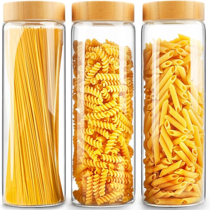 Glass Jars with Airtight Lid,Glass Jar with Bamboo Lid,Glass Canisters with Airtight Lids, 3 Pack 80oz Glass Cereal Containers Storage,Glass Cookie Jars,Pasta Containers,Screw On Kitchen Jars