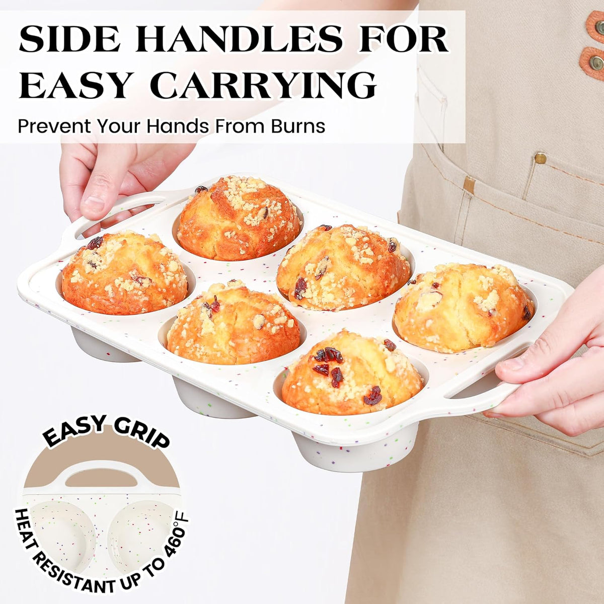 2 Pcs Jumbo Muffin Pan with Metal Frame, Nonstick 6 Cup Extra Large Cupcake Pan for Baking, Silicone Deep Muffin Tray for Egg Bites (Cream)