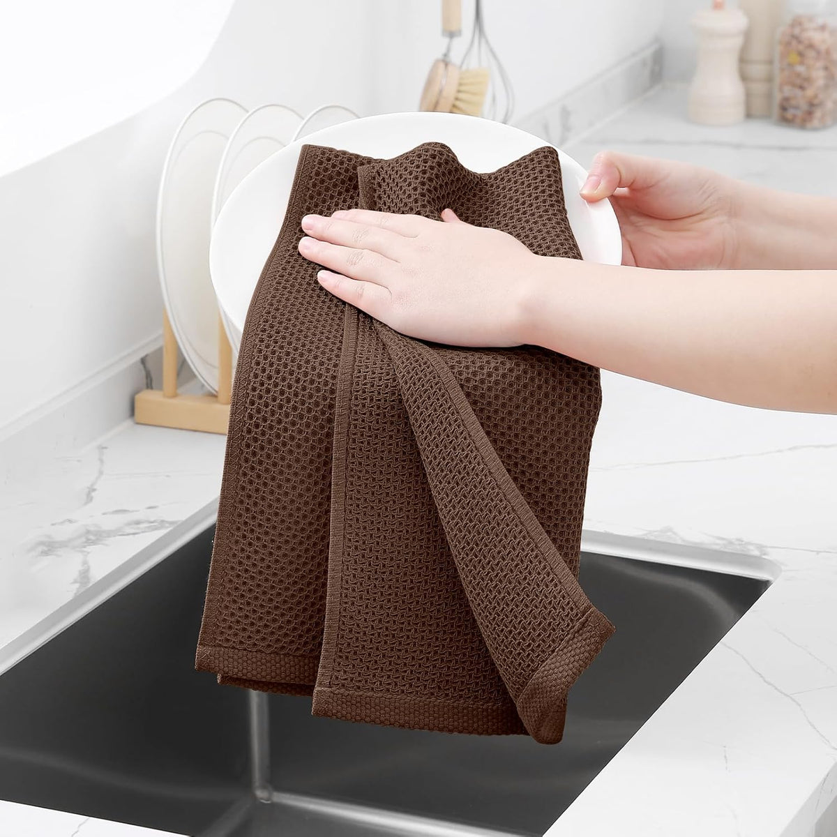 Homaxy 100% Cotton Waffle Weave Kitchen Dish Towels, Ultra Soft Absorbent Quick Drying Cleaning Towel, 13 x 28 Inches, 8-Pack, Coffee