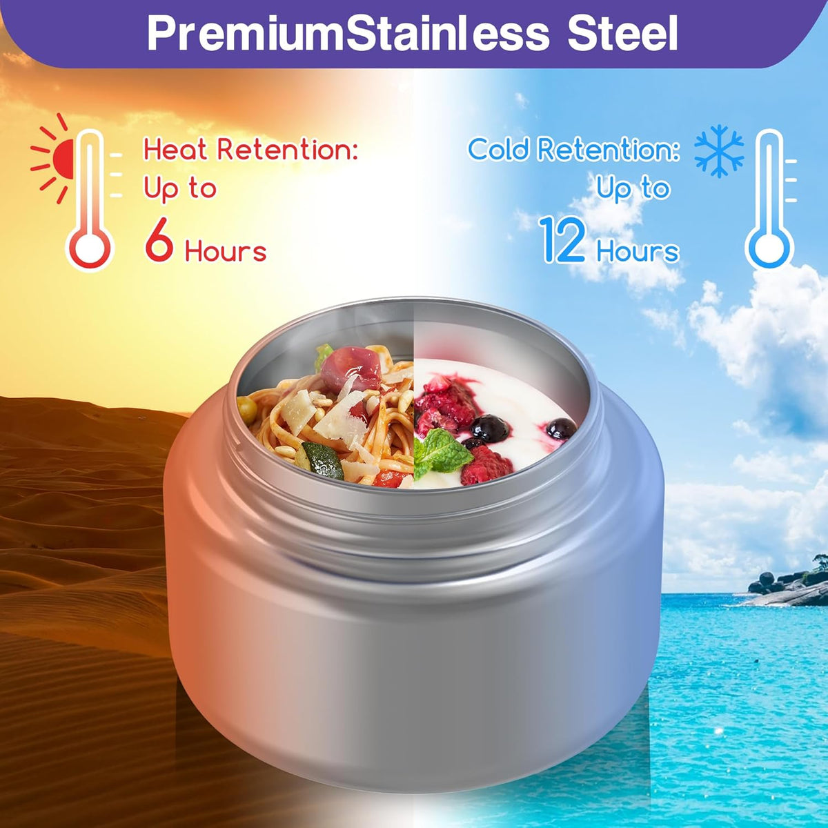 Bento Box for Kids - Leak-Proof Lunch Box with Insulated Thermos Food Jar - 4 Compartments, 1 Removable Divider, 1Spoon, 1 Fork - Dishwasher Safe, BPA-Free (Light purple)