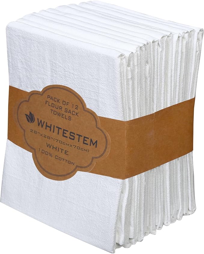 Flour Sack Towels |Tea Towel for Crafts| Kitchen |Dish | Cotton Blank Towel for Embroidery|Baking Bread Proofing Linen Cover Diamond Crinkle|Thick Absorbent Quick Dry |12 Pack 28"x28" White