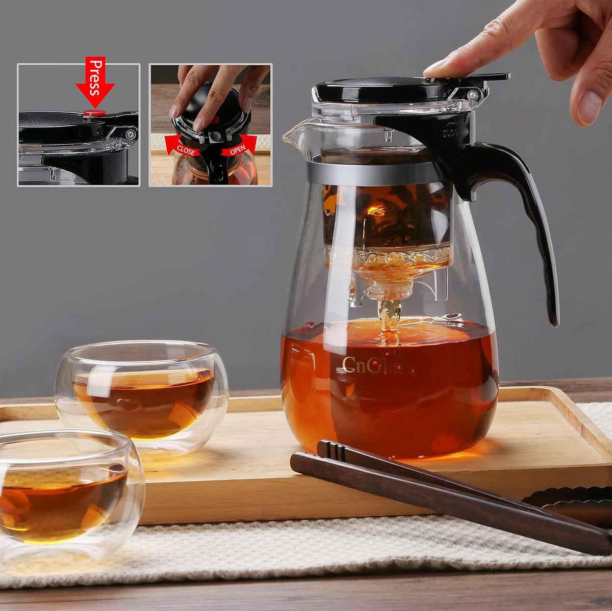 CNGLASS Glass Teapot with Removable Infuser,25oz Clear Tea Kettle with One Button Press to Filter the Tea Soup,Loose Leaf and Blooming Tea Maker