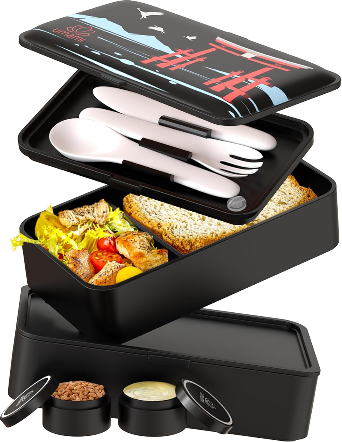 Umami Bento Box Adult All-In-1 w/4 Utensils, 2Sauce Jars, 2 Dividers, 100% Leakproof, Microwave & Dishwasher Safe, Stackable Bento Lunch Box Containers for Men/Women, Matte Black - Miyajima, 40 oz