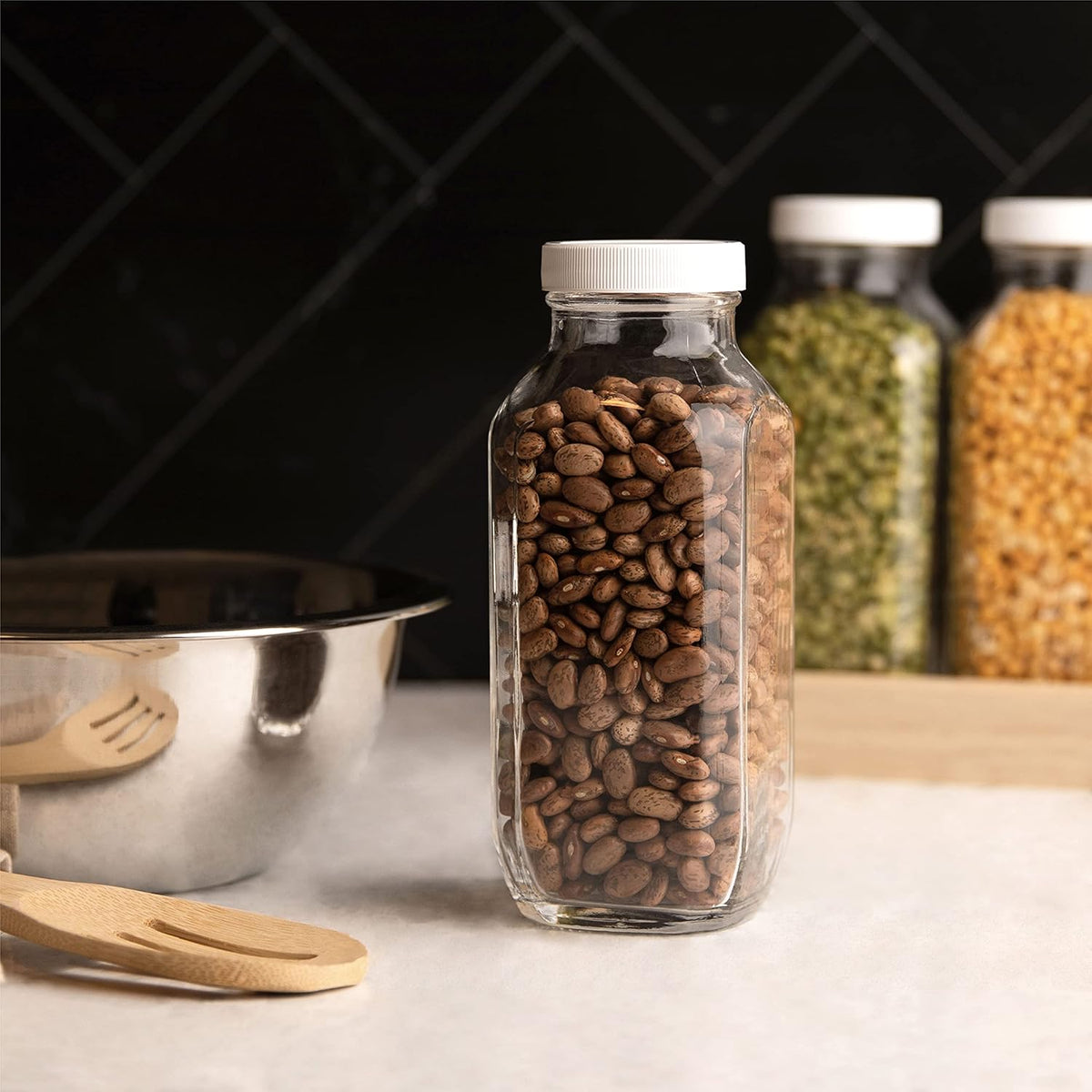 kitchentoolz 16oz Square Glass Milk Bottles with Airtight Plastic Lids – Pack of 4 | Reusable Milk Containers for Fridge & Lunchbox Storage – Ideal for Dairy, Smoothies, Juice, Water & More