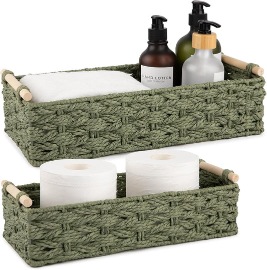 OIAHOMY Toilet Paper Baskets Handmade Paper Rope Decorative Wicker Storage Tank Shelf Cabinet Organizer for Bathroom Home, Set of 2, Green