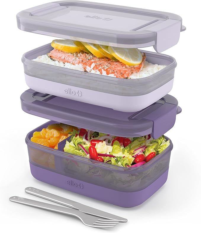Ello 2-Pack Lunch Stack Plastic Food Storage Container Bento Box with Airtight, Leak-Proof Locking Plastic Lids and Silicone Base, BPA-Free, Freezer, Microwave, and Dishwasher Safe