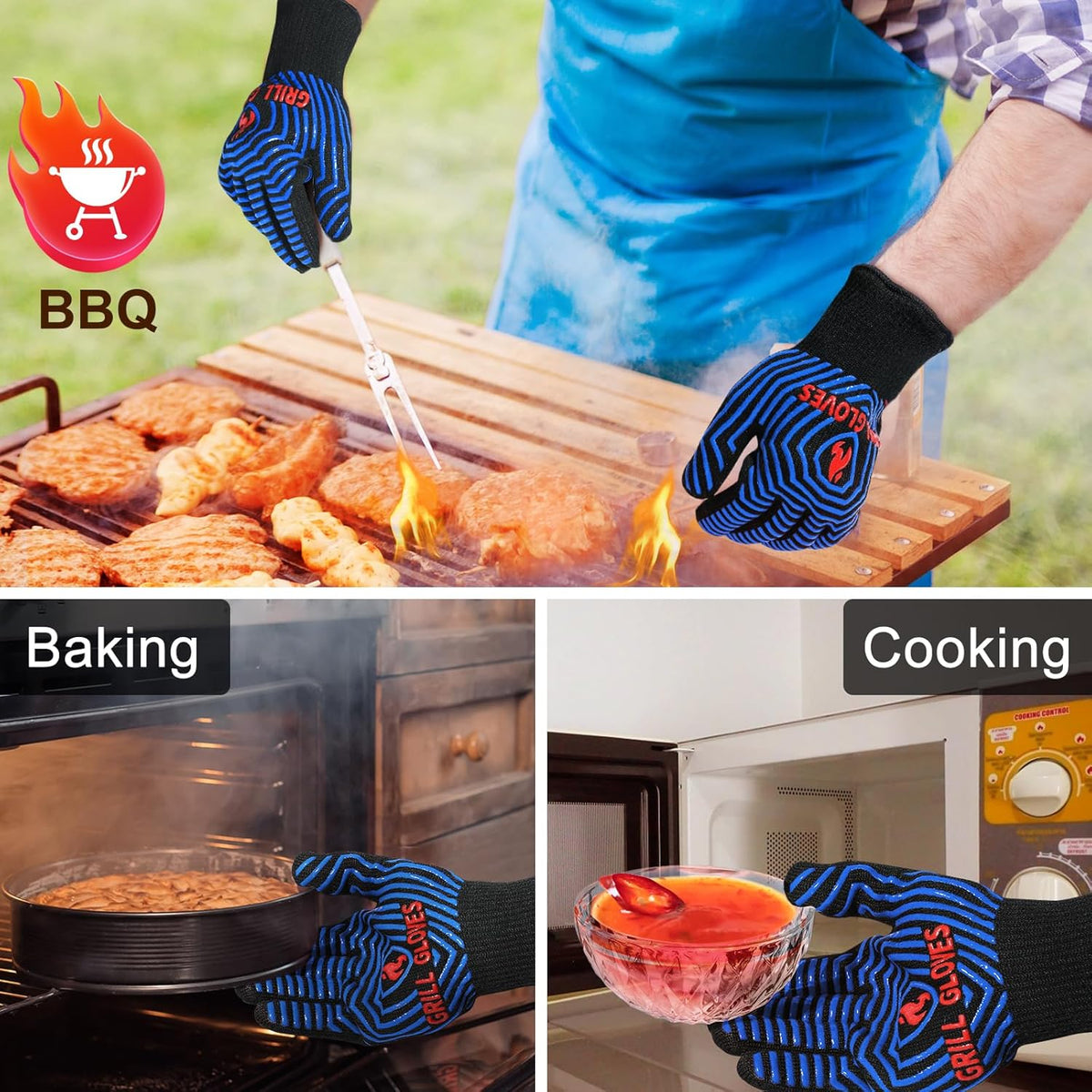 QUWIN BBQ Gloves, Oven Gloves 1472℉ Extreme Heat Resistant, Grilling Gloves Silicone Non-Slip Oven Mitts, Kitchen Gloves for BBQ, Grilling, Cooking, Baking-1 Pair (One Size Fits Most, Black/Blue)