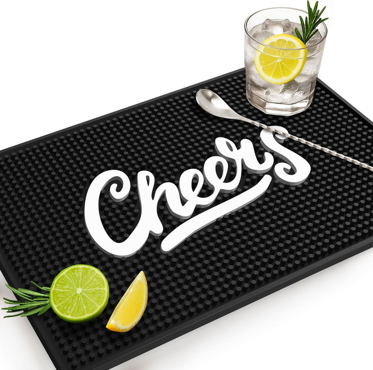 Premium Cheers Bar Mat for Home Bar - Large 18"x12" Rubber Bar Mats for Countertop - Non-Slip Bartender Mat - Drink Spill Mat for Bar Cart - Black Barmat for Cocktail Service
