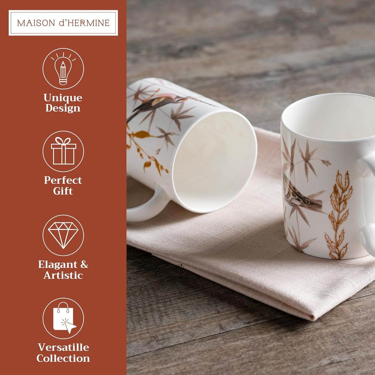 Maison d' Hermine Coffee Mug with Handles Fine Bone China Mugs Pack of Two Tea Cups for Hot Beverages Cappuccino Latte Home Restaurant Office Perfect for Gift (Meadow Florals, 15 Ounce)