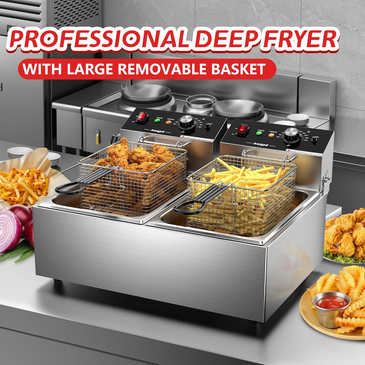 Commercial Deep Fryer with Baskets Stainless Steel Double Deep Fryer with 2 Baskets Capacity 10L X 2(21.3QT) Electric Countertop Fryer for Restaurant and Home Use, 110V 3400W