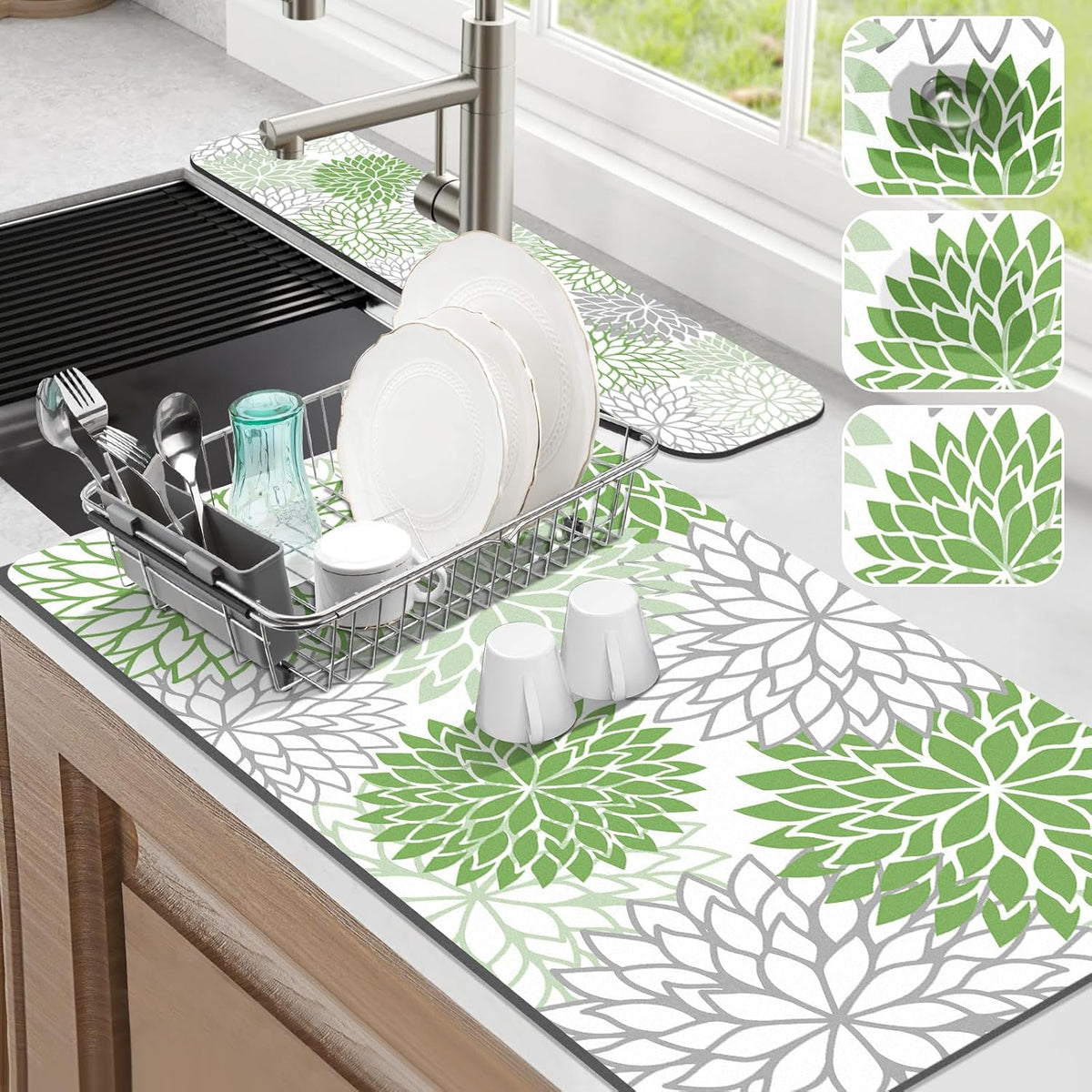 Findosom 2PCS 17" x 32" Dish Drying Mat & 24" x 5.5" Sink Splash Guard, Super Absorbent & Cuttable Dish Mat Drying Kitchen Mat with Green Floral, Hide Stain Drying Mat for Kitchen Counter