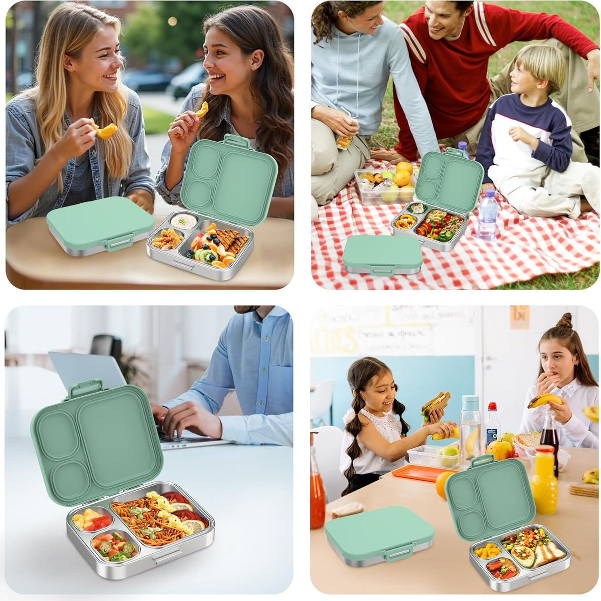 Stainless Steel Bento Lunch Box for Kids | 3-Compartment Lunch Box Container Kids | 100% Leakproof, Dishwasher-Safe, Eco-Friendly, Perfect Portion Control for Kids&Adult Healthy Meals (Green)