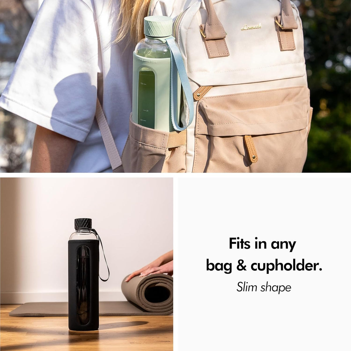 KIVY Glass Water Bottle with Silicone Sleeve 32 oz [WITH MEASUREMENT] - Borosilicate Glass Water Bottle Screw Top - Black Waterbottle Aesthetic - Clear Bottles with Measurement Marking