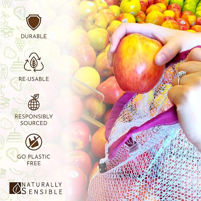 The Original Eco Friendly See Through Washable and Reusable Produce Bags - Soft Premium Lightweight Nylon Mesh Large - 12x14in - Set of 5 (Red, Yellow, Green, Blue, Purple)