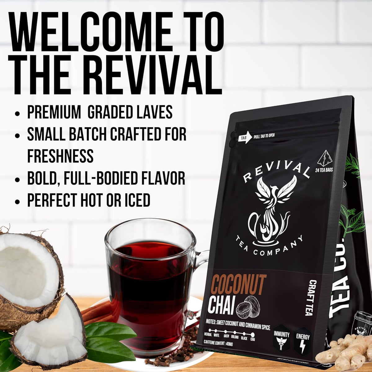 Revival Tea Company Coconut Chai Tea - Black Tea Blend with Fresh Spiced Chai and Coconut Flavor - Loose Leaf 8 Ounces