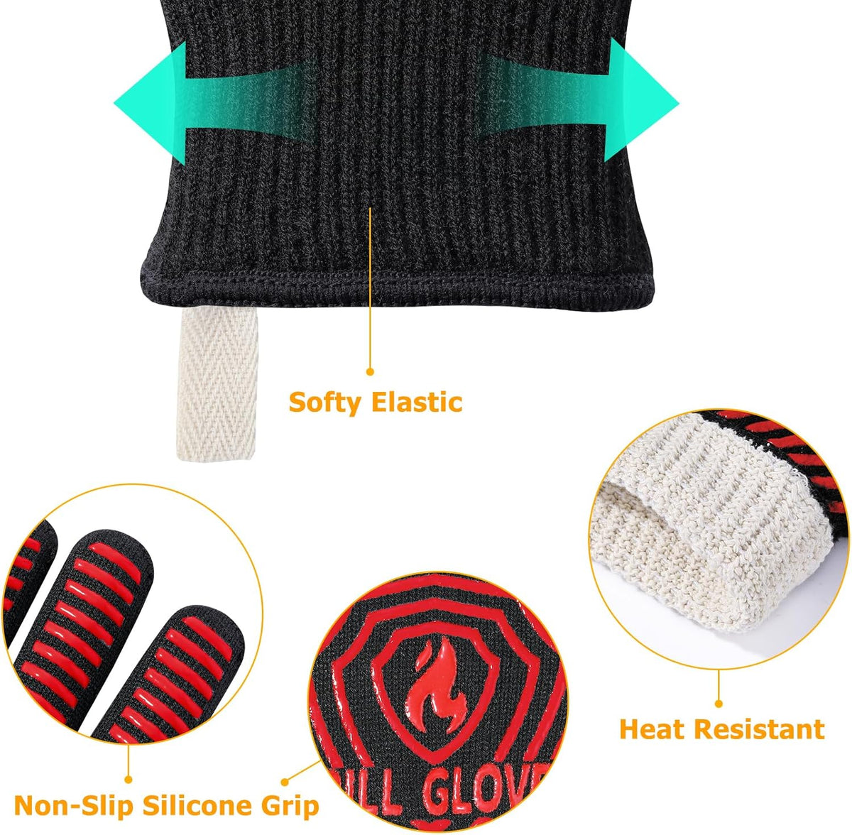 BBQ Gloves, BBQ Accessories 1472℉ Extreme Heat Resistant, Grilling Gloves Silicone Non-Slip Oven Mitts, Kitchen Gloves for BBQ, Grilling, Cooking, Baking-1 Pair 14inch