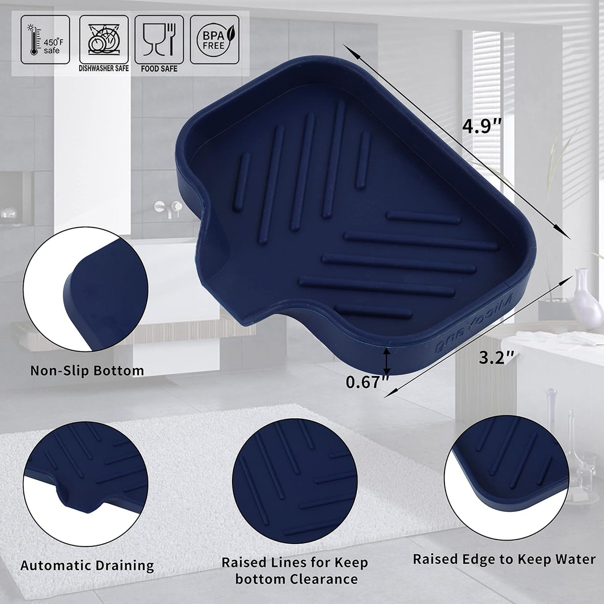 Silicone Bathroom Soap Dishes with Drain Spout-Kitchen Sink Organizer,Sponge Holder,Dish Soap Tray,Perfect for Dispenser,Scrubber,Bottle,Cup on Sink or Counter-Navy Blue 4.9"×3.2"