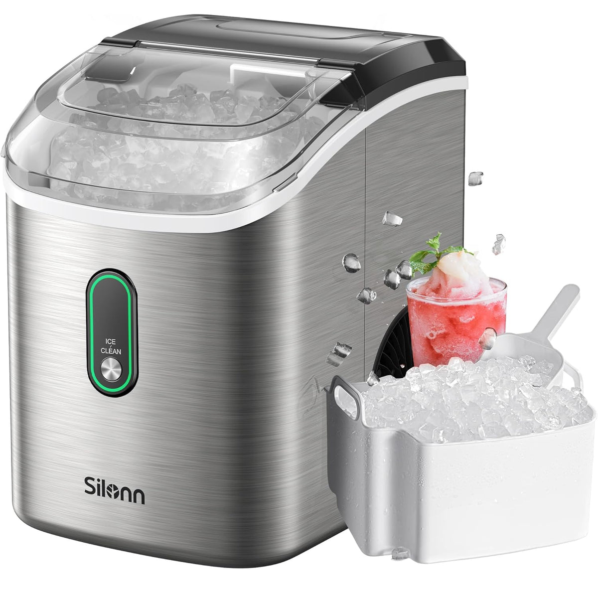 Silonn Nugget Ice Maker Countertop, Pellet Ice Machine with Self-Cleaning Function, Sonic Ice Maker Produces 33lbs of Chewable Ice in 24 Hours, Ideal for Home Kitchen and Office, Stainless Steel