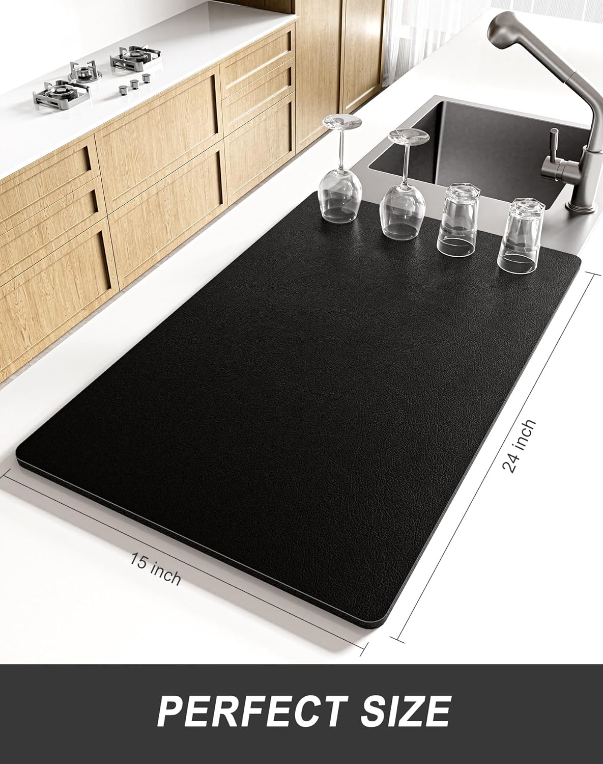 Rnivvi Dish Drying Mat for Kitchen Counter, XL 15 x 24" Super Absorbent Drainer Pad Easy Clean Dish Rack Pad, Non-Slip Heat Resistant Coffee Bar Mat for Coffee Machine Station Accessories Decor, Black
