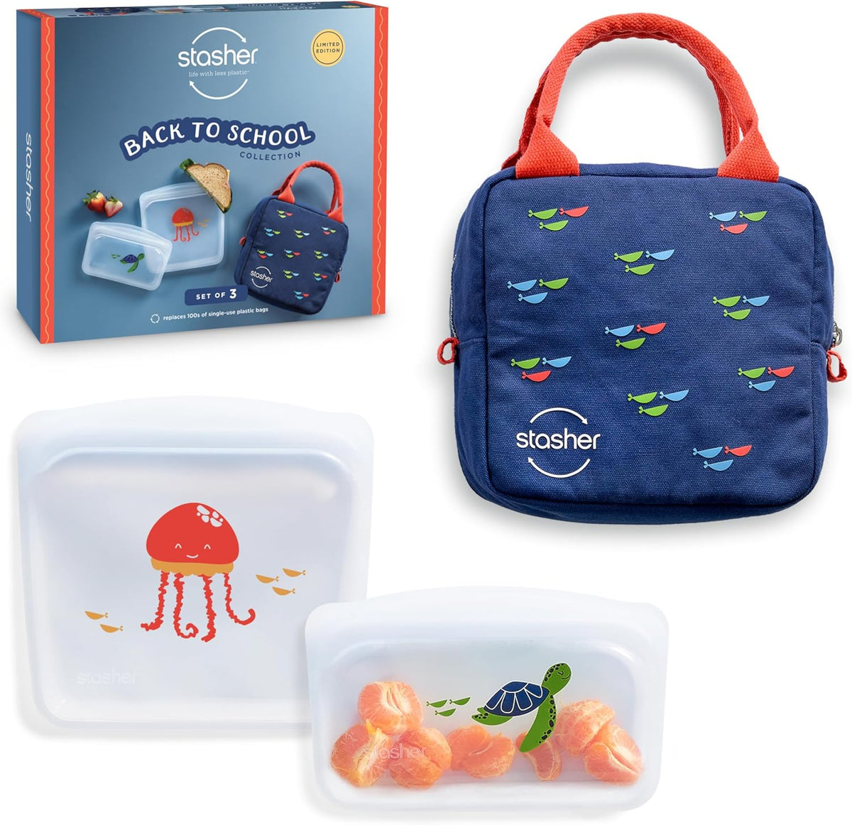 Stasher Premium Silicone Reusable Food Storage Bags & Lunch Bag, 3-Pack, Multi-Use Lunch Bag, Travel Containers, BPA Free, Leak-free, Dishwasher Safe, Eco-friendly