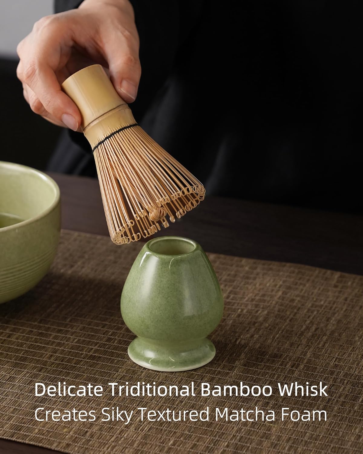 ZENS Matcha Whisk Set, 15oz Ceramic Matcha Bowl with Spout and Bamboo Whisk, (Chasen Holder) Scoop & Tea Towel, 5pcs Matcha Kit for Matcha Lovers, Emerald Green