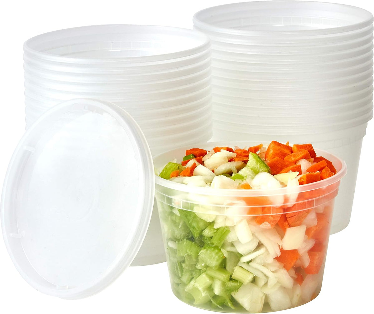 Deli-Grade BPA-Free 16oz Plastic Containers with Lids 24ct. Leakproof Microwavable Portion Container for To-Go Orders, Food Prep and Storage. Reusable Takeout Cups for Restaurant, Cafe and Catering.