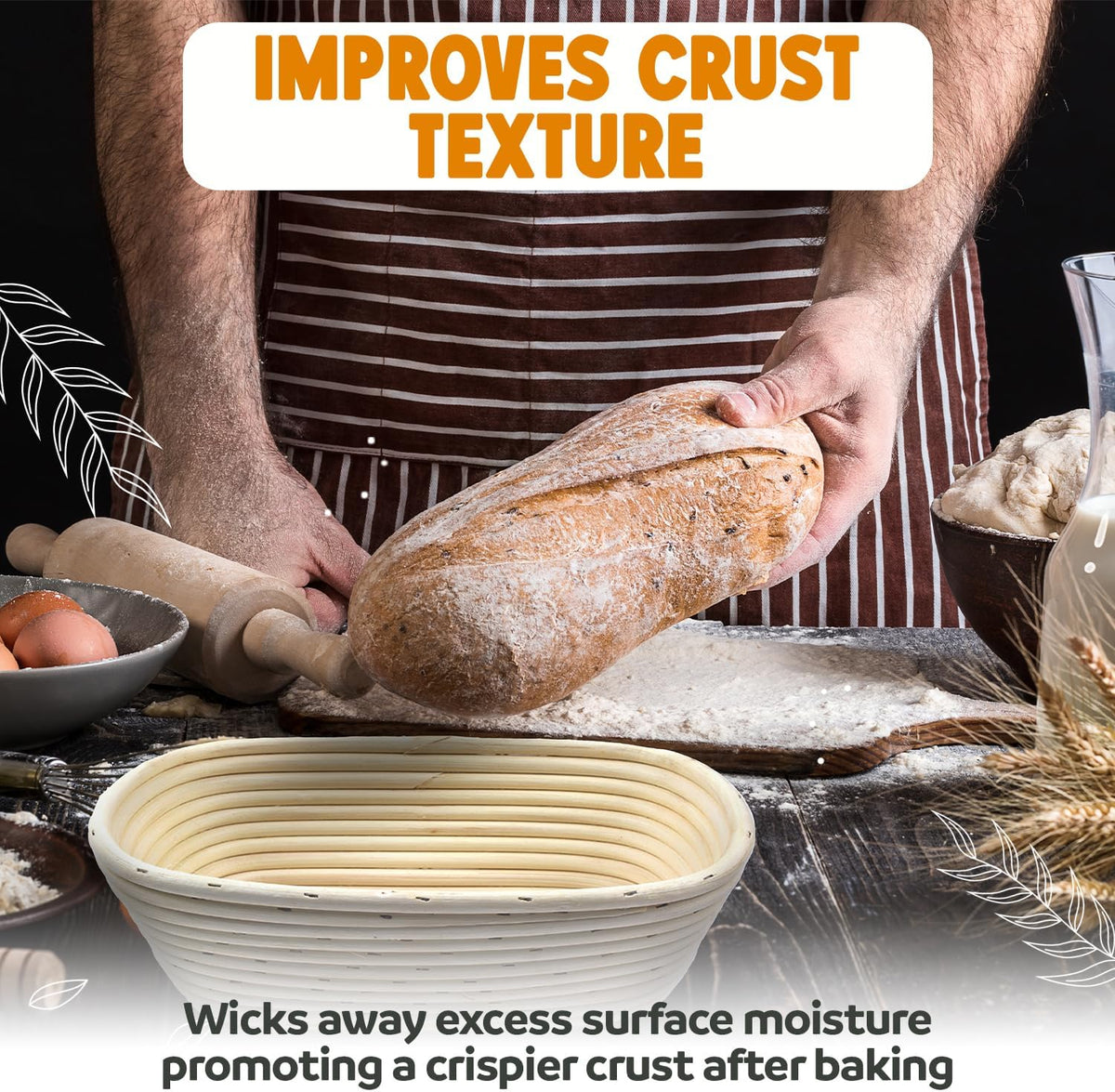 Banneton Bread Proofing Basket Sourdough Proofing Basket for Beginners & Professional Bakers, Handwoven Rattan Cane Bread Maker for Artisan Breads, 13.5 Inch x 3.5 In x 3 In, 0.5-lb Rectangular