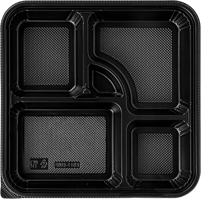 Restaurantware-Bento Tek 39.6 Ounce Meal Prep Containers, 100 Disposable To Go Food Boxes - Lids Sold Separately, 5 Compartments, Black Plastic Bento Lunch Boxes, Microwavable, Freezable