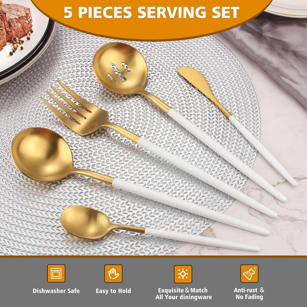 Matte Whitegold Serving Set，Oliviola 5-Piece Stainless Steel Large Hostess Set with Round Edge, Satin Finished, Dishwasher Safe -Large Spoon, Large Fork,Butter Knife，Sugar Spoon & Slotted Spoon