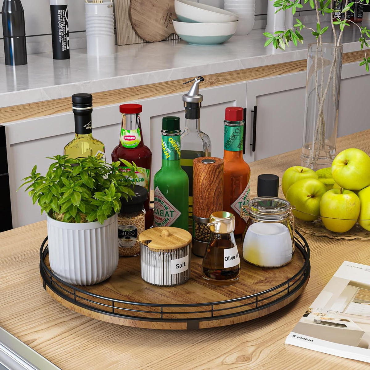 Farmhouse Oak 16" Lazy Susan Turntable Organizer for Cabinet, Round Wooden Lazy Susan Organization and Storage for Dining Table, Pantry, Kitchen, Countertop, Cupboard,Home Decor, Walnut Wood (16")