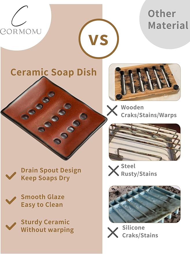 Soap Holder with Self Drain, Ceramic Soap Dishes for Bar, Shower, Japanese Soap Tray for Kitchen and Bathroom, Keep Sink Dry and Tidy, Red