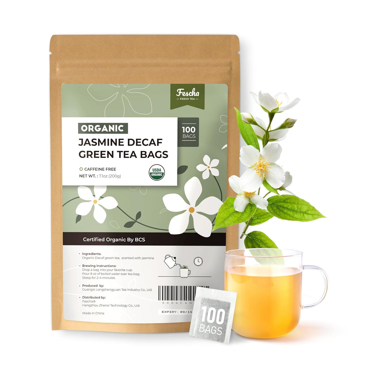 Fescha Organic Decaf Jasmine Green Tea Bags Flower-scented Tea (100-count), Eco-Conscious Tea Bags, Packed by Resealable Kraft Bag