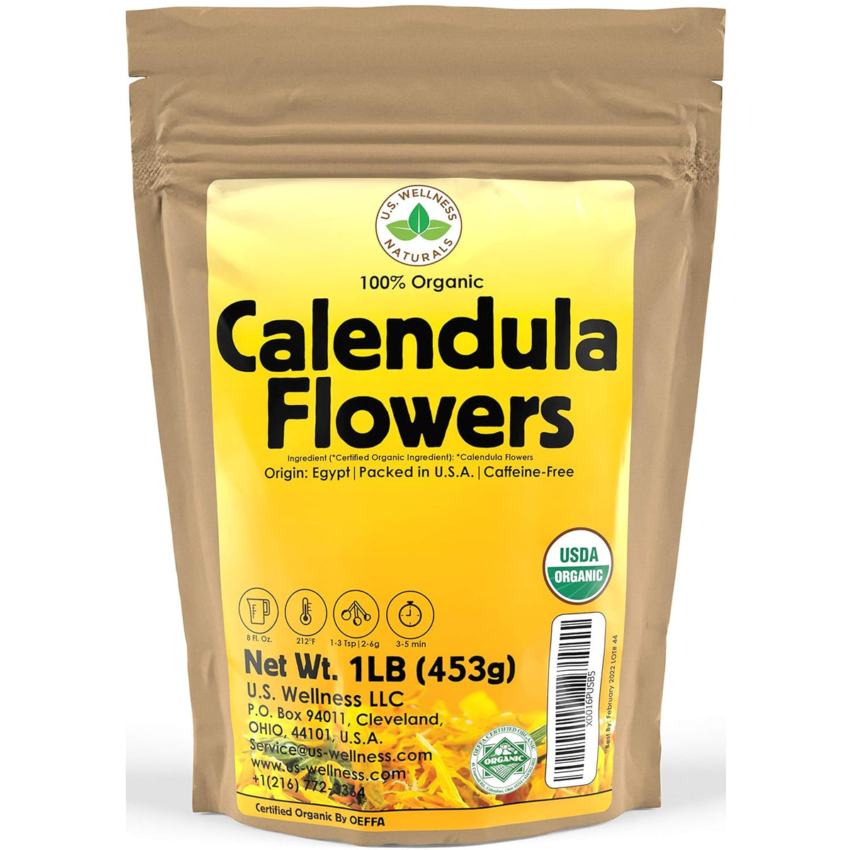 Calendula Tea 1LB (16Oz) 100% CERTIFIED Organic Whole Flower Calendula Herbal Tea (Calendula Officinalis), Caffeine Free in 1 lbs. Bulk Resealable Kraft BPA free Bags from U.S. Wellness