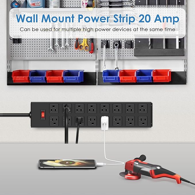 JUNNUJ Heavy Duty 20 Amp Power Strip, Garage 16 Outlets Metal 12 Gauge Surge Protector 3000J, High Amp 5-15P Adapter Shop 6-20R T-Slot Industrial Outlets (16AC, 15FT)