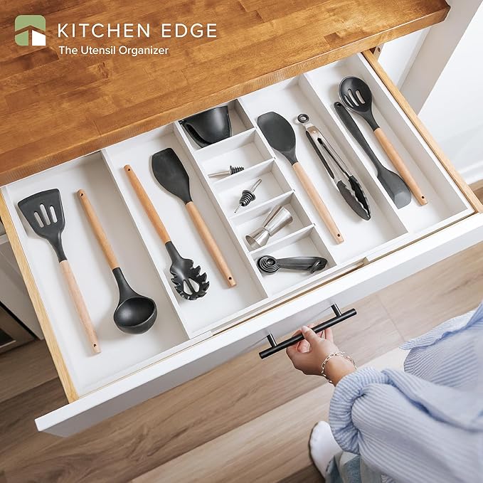 Adjustable Kitchen Drawer Organizer for Utensils and Junk, Food-Safe Contract Grade with 100% Sustainable Wood, Expandable from 19 to 33 Inches Wide - White Bamboo