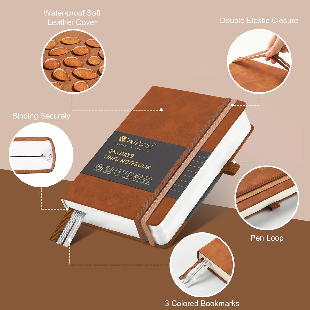 &And Per Se Lined Journal Notebook, 365 Pages, A5, 5.7'' x 8'' 100GSM Thick Paper, Journals for Writing, Hardcover Notebooks for Women Men (Brown)