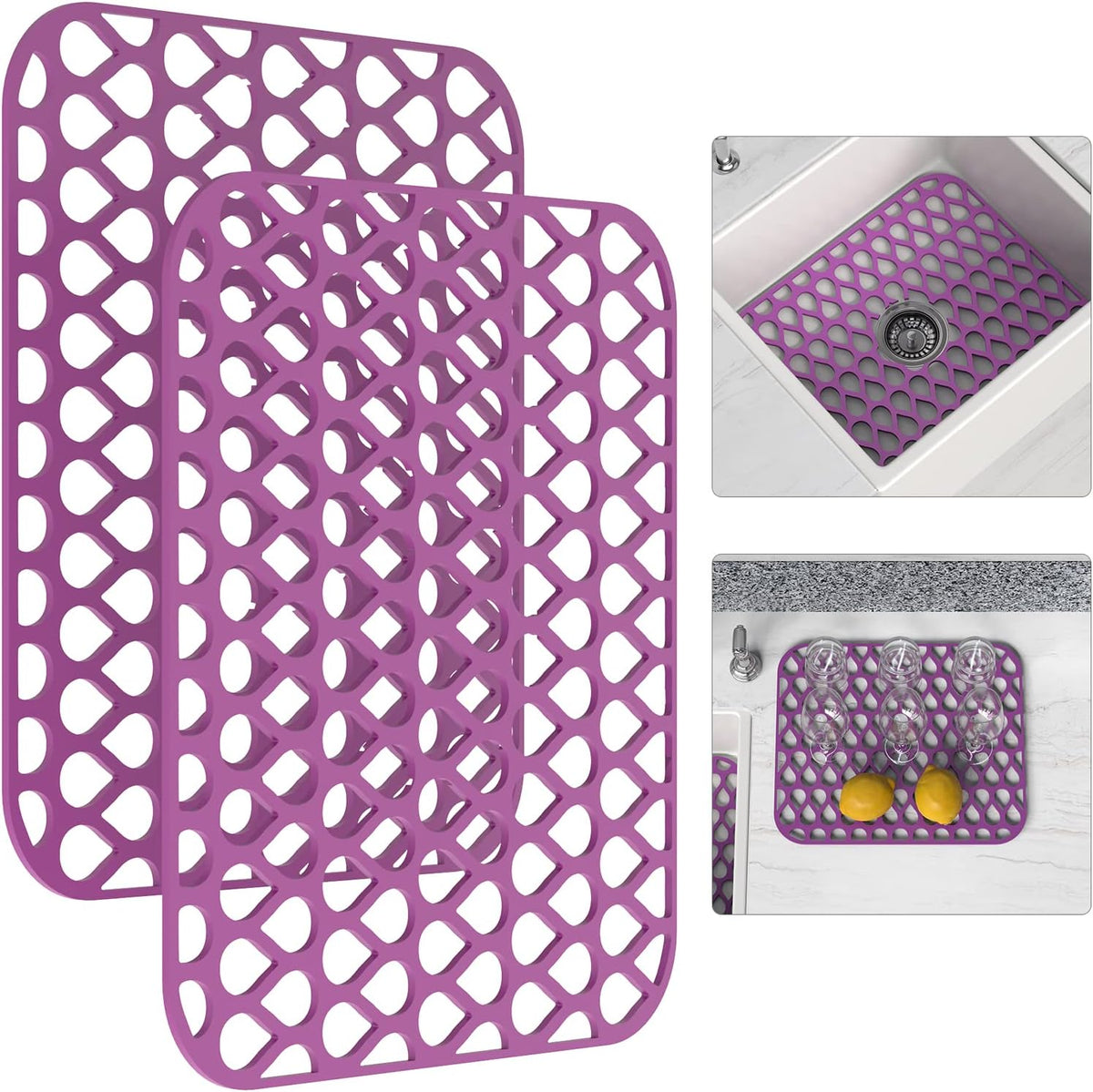 Sink Protectors for Kitchen Sink, 13.58"x 11.6" 2PCS Dish Rack, Protect from Stains, Damage, Scratches, Dishwasher Safe Grid, Silicone Mat for Kitchen Purple