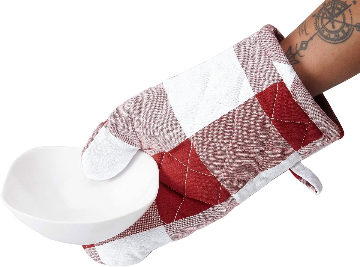 Encasa XO Long 12"x7" Oven Microwave Hand Gloves Mitts (2 pc Set) for Kitchen Cooking & Baking - Heat Resistant, Thick & Safe, Protection of Hands from Hot Utensils - Buffalo Red Checks
