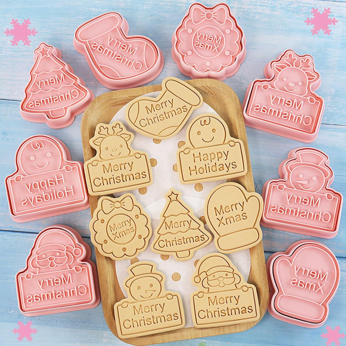 8pcs Christmas Cookie Cutter Set Merry Christmas Cookie Cutters with Plunger Stamps Biscuit Mold 3D Snowman Cookie Molds Cake Baking Fondant Cutter Christmas Party DIY Cookie Decorating Supplies (L8)