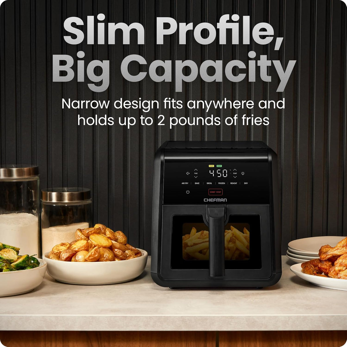 Chefman Air Fryer TurboFry 7-Qt, 6-in-1 High-Powered 450°F Cooking for Crispier Results, Compact Space-Saving Design, Air Fry, Bake, Broil, Reheat, Dehydrate, Defrost, Fast & Even Cooking – Black