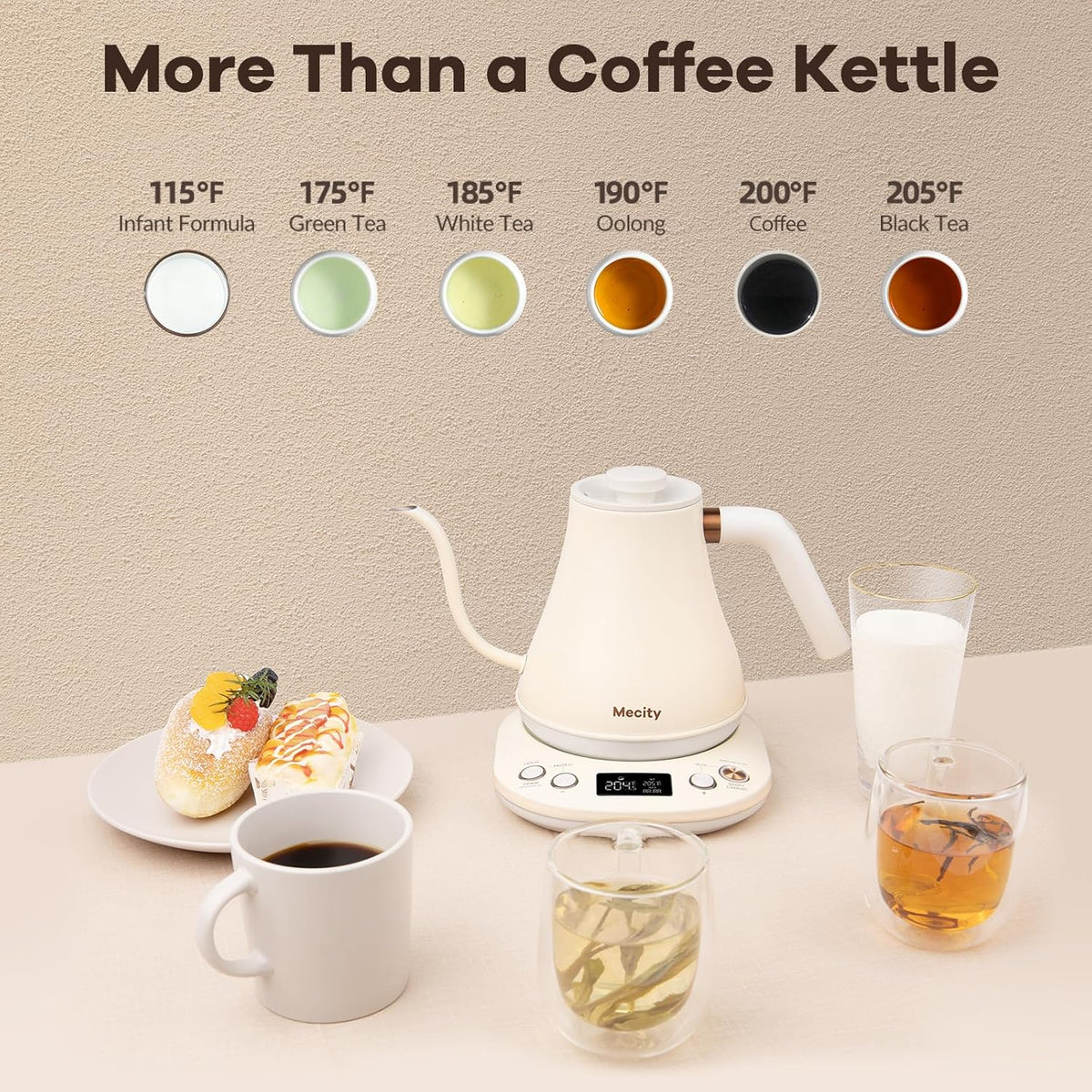 Mecity Electric Gooseneck Kettle With Keep Warm Function & LCD Display Automatic Shut Off Coffee Kettle Temperature Control Pour Over Kettle 1200 Watt, 0.8L, 120V, Off White