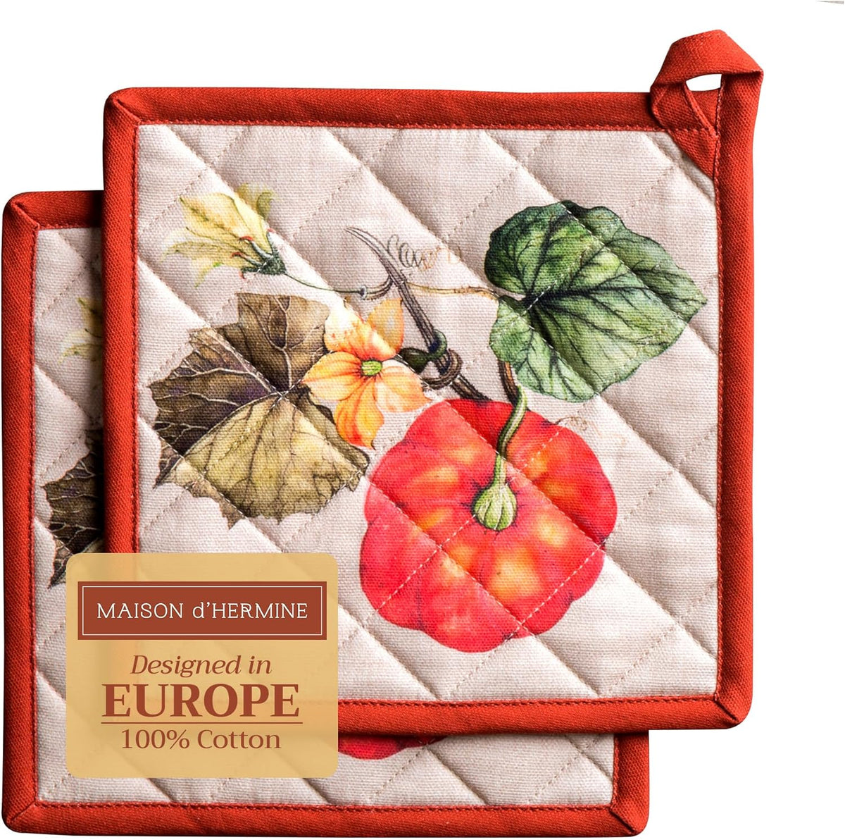 Maison d' Hermine Pot Holders Set 100% Cotton Heat Resistant Potholders 8" x 8" Hot Pads with Loop BBQ, Cooking, Baking, Grilling, Kitchen, Handling Hot Pans (Pack of 2, Potiron)