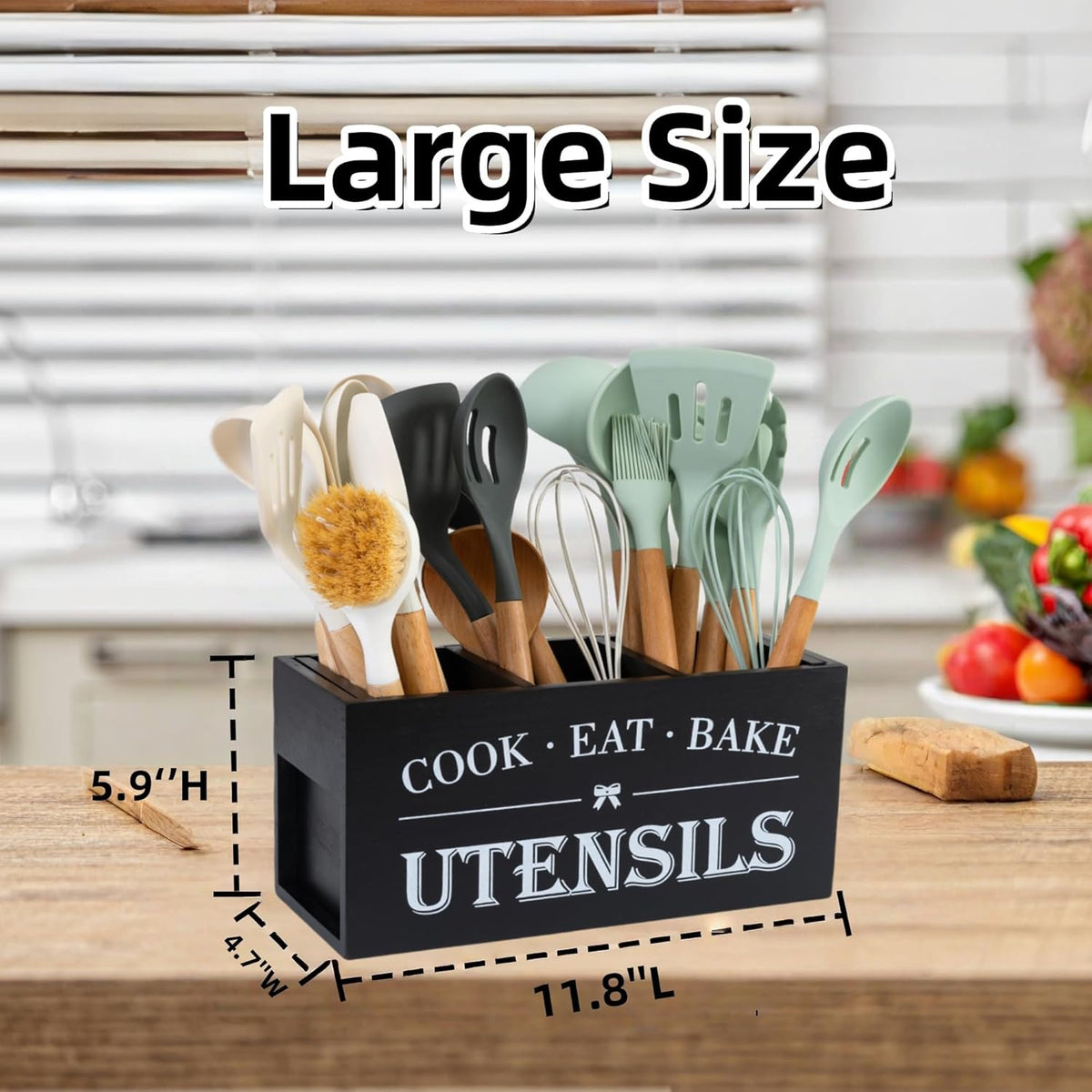 Utensil Holder,Large Wooden Utensil Holder For Kitchen Counter,Cooking Spatula Organizer,Big Storage Caddy With 3 Compartments Flatware Spoon Tool Cutlery（Black）