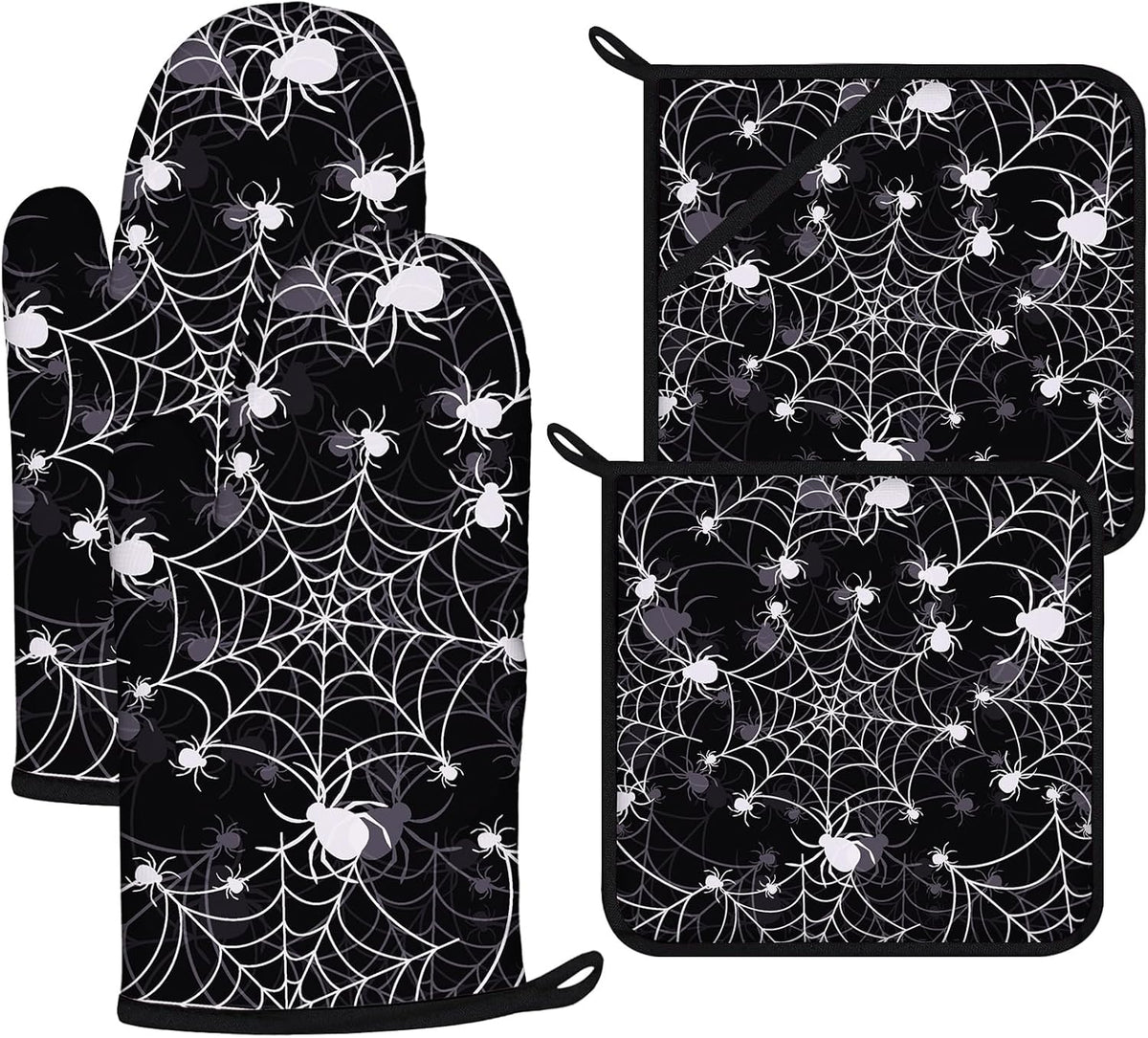 Spider Web Oven Mitts and Pot Holders Sets 4Pcs,Extra Long Oven Gloves Potholder for Kitchen Cooking Baking BBQ 100% Cotton Heat Resistant