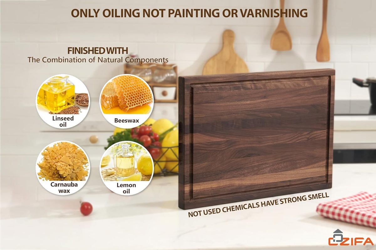 American Dark Walnut Wood Cutting Board 17x12 x1in for Kitchen with Juice Groove, Inner Handles, Gift Box, Thick Wooden Cutting Board Finished with Linseed Oil, Beeswax, Carnauba Wax, Lemon Oil