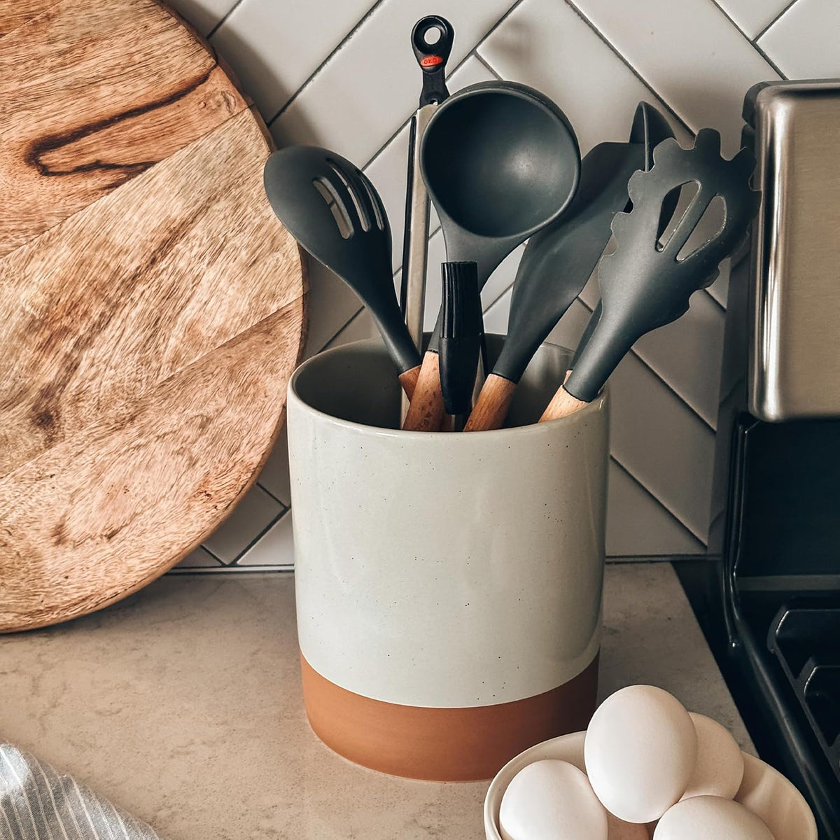 Mora Ceramic Kitchen Utensil Holder - Wooden Spoon & Spatula Crock for Countertop, Modern Farmhouse Home Decor, Extra Large 7.3" Cooking Organizer for Stove Top and Counter - Heavy & Sturdy - Grey